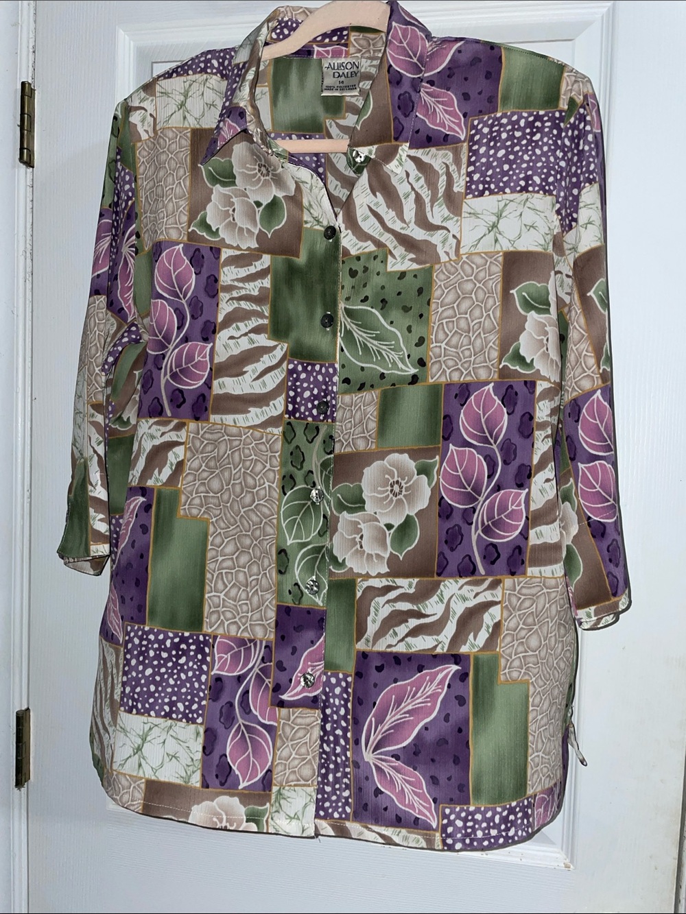 Alison Daley Patchwork Floral Button Up Shirt Purple Green Padded Shoulder SZ 14